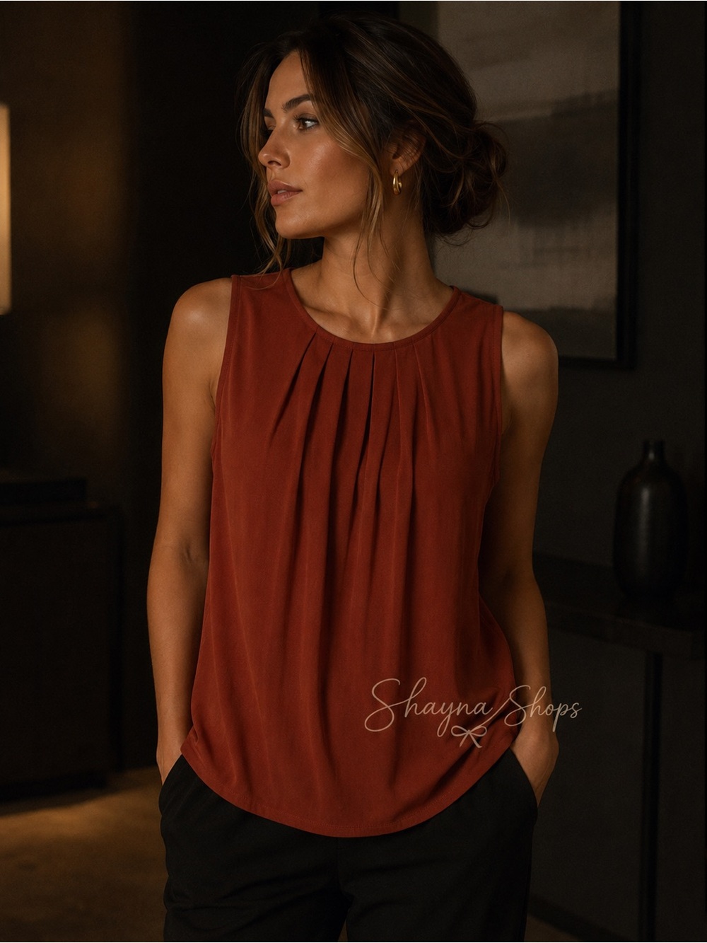 Zenana Outfitters Rust Pleated Sleeveless Blouse